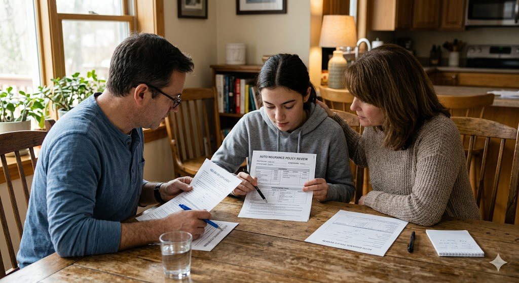 Family reviewing auto insurance paperwork with a newly licensed driver in Clarksville, TN